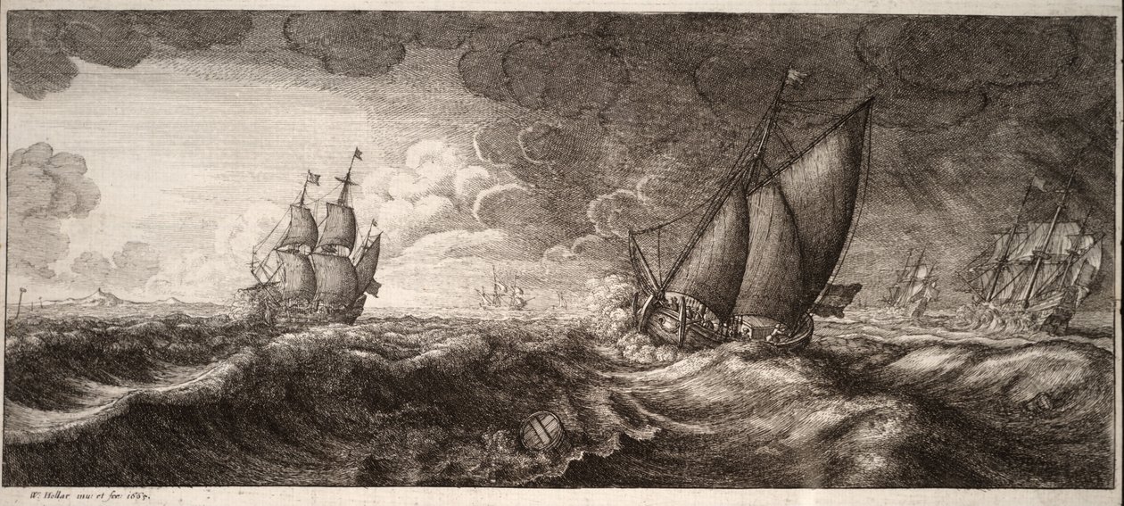 Um iate e três navios de guerra em uma tempestade. Estado 1 de Wenceslaus Hollar