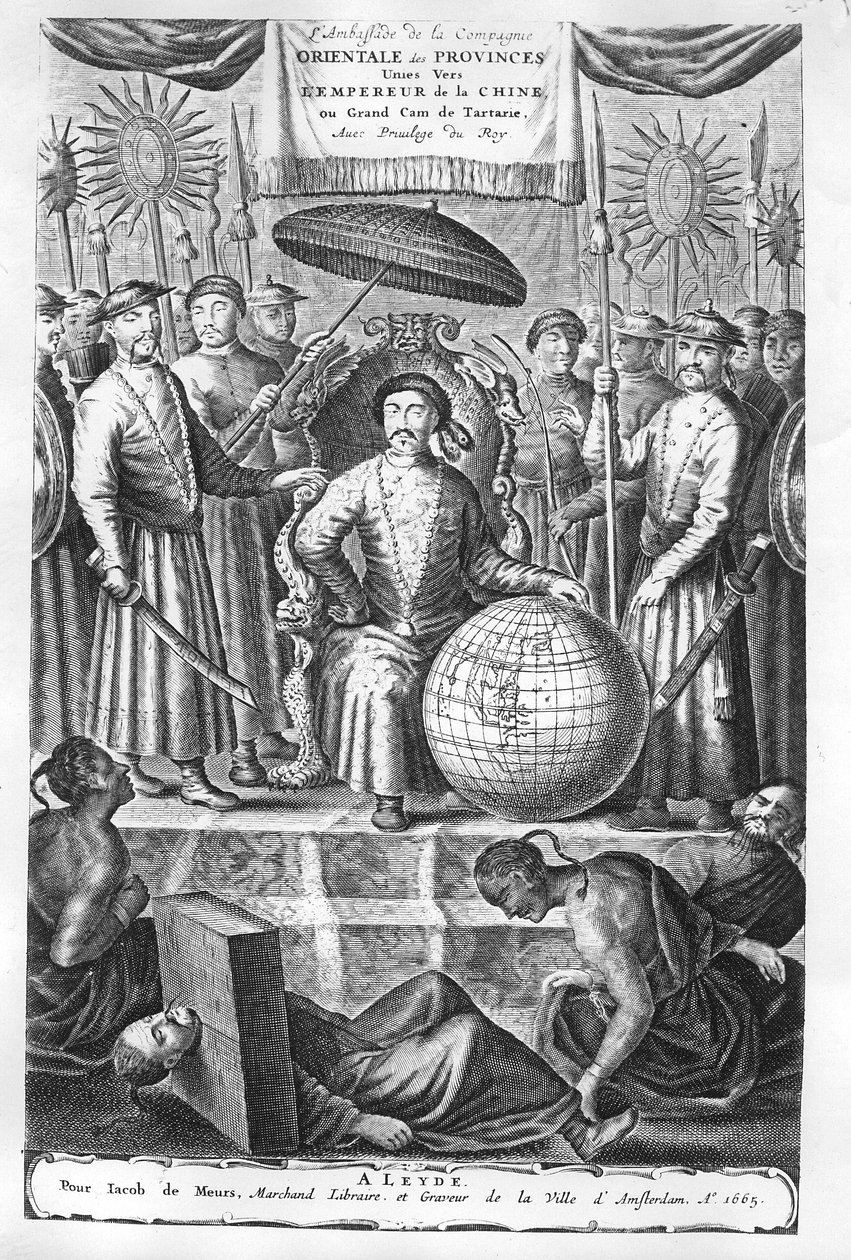 Frontispício para &39;Uma Embaixada da Companhia das Índias Orientais das Províncias Unidas, para o Grande Tartar Cham, Imperador da China&39; por Jan Nieuhof, edição publicada em 1665 de Wenceslaus Hollar