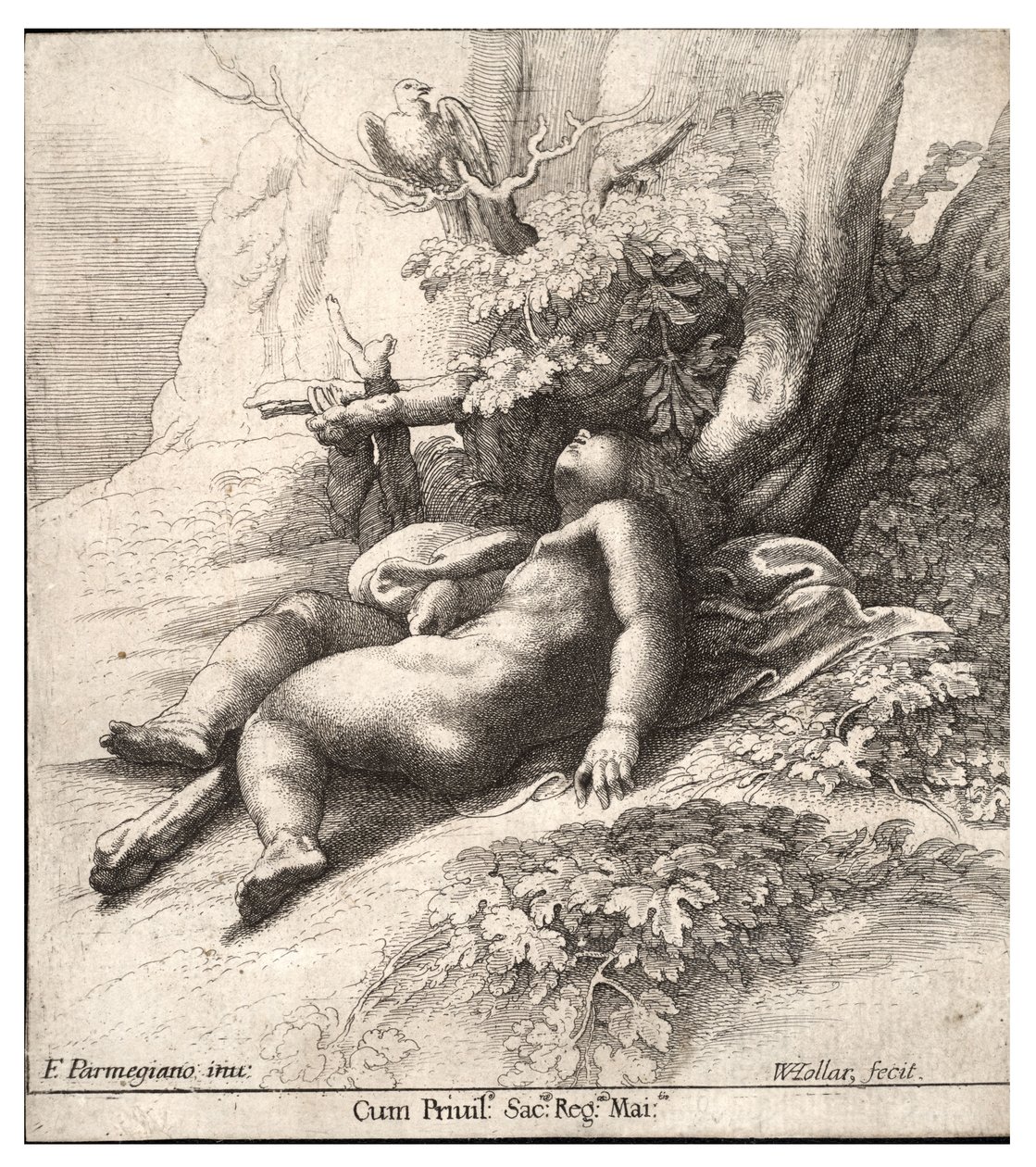 Hércules infantil dormindo, depois de Parmegiano. Estado 2 de Wenceslaus Hollar