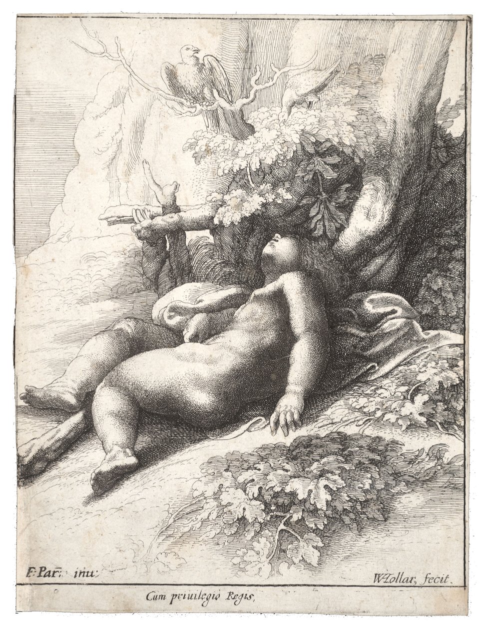 Hércules infantil dormindo, depois de Parmegiano. Estado 4 de Wenceslaus Hollar