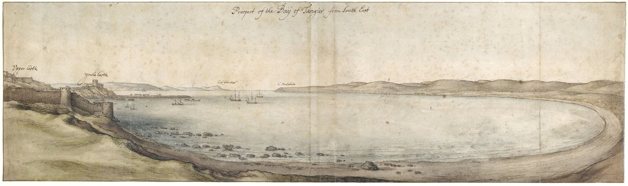 Perspectiva da Baía de Tânger do sudeste (Caneta e tinta marrom e aquarela sobre grafite) de Wenceslaus Hollar