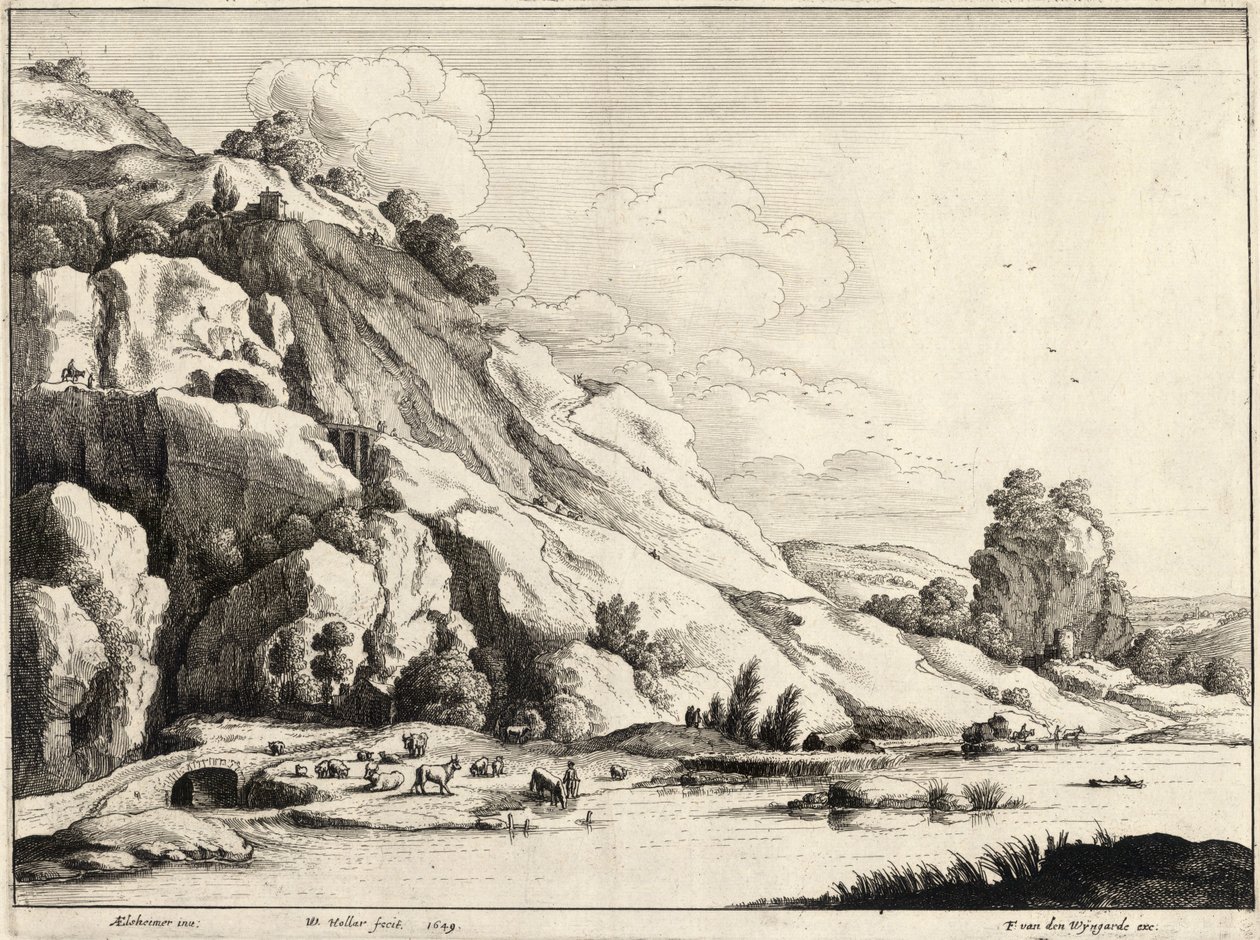 A ponte de pedra (Elsheimer). Estado 1 de Wenceslaus Hollar
