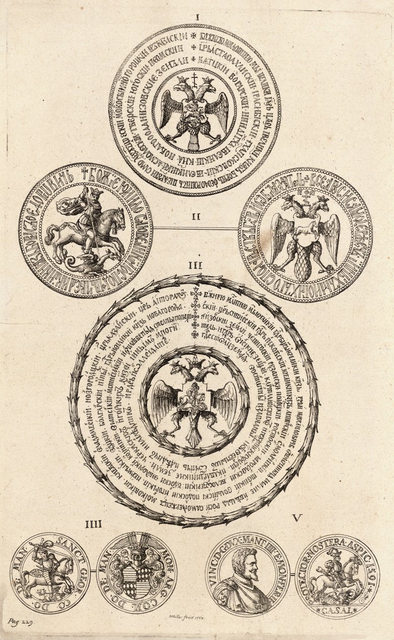 Três selos russos e duas medalhas. Estado 2 de Wenceslaus Hollar