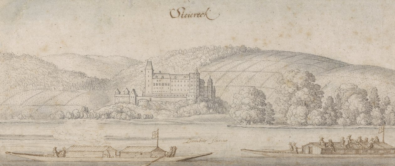 Vista de Steiereck no Danúbio, c.1636 (caneta e tinta marrom com lavagem no papel) de Wenceslaus Hollar
