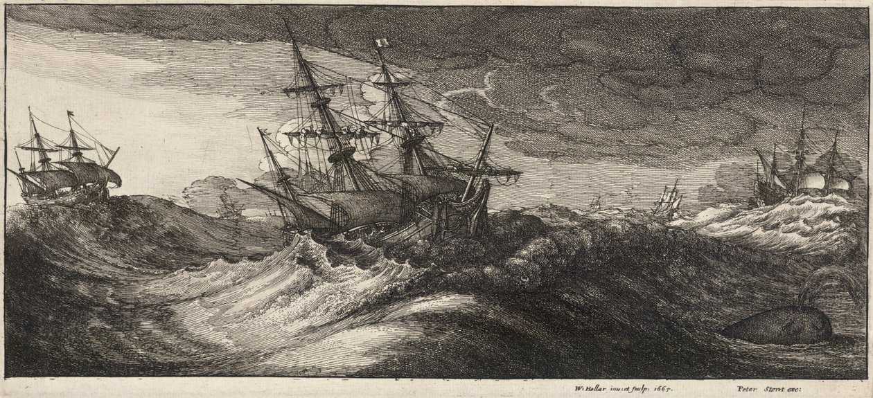 Navios de guerra e uma baleia jorrando. Estado 2 de Wenceslaus Hollar
