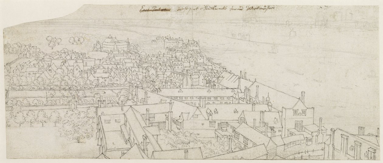 Uma vista do Southwark de St. Mary, olhando em direção a Westminster (caneta e tinta sobre grafite no papel) de Wenceslaus Hollar