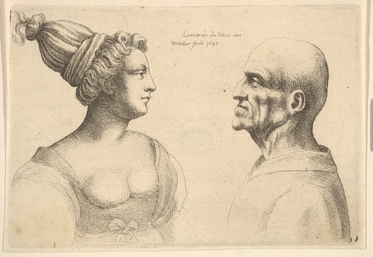 Uma mulher com cabelos amarrados para trás e um careca de frente para o outro, 1645. de Wenceslaus Hollar
