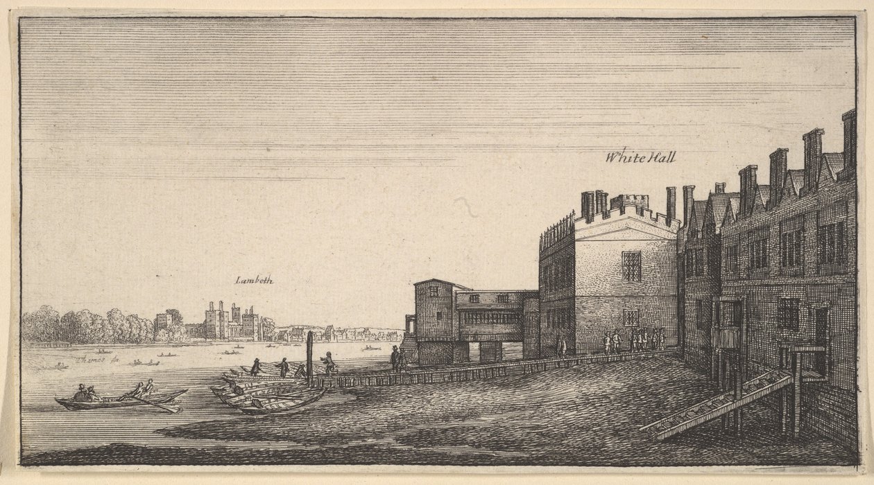 Uma vista do palácio de Lambeth do rio nas escadas de Whitehall, 1625-77. de Wenceslaus Hollar