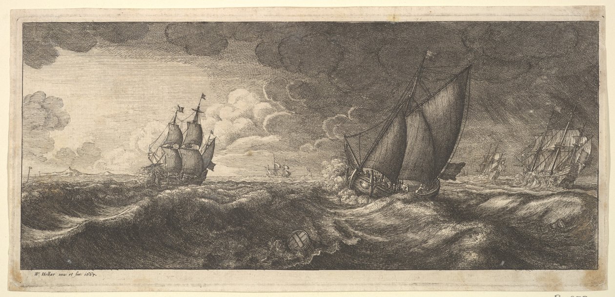 Um iate e três navios de guerra em uma tempestade, 1665. de Wenceslaus Hollar