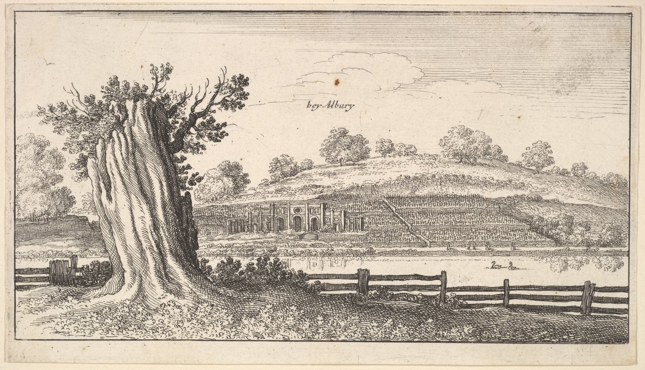 Albury com coto de árvore em primeiro plano, 1625-77. de Wenceslaus Hollar