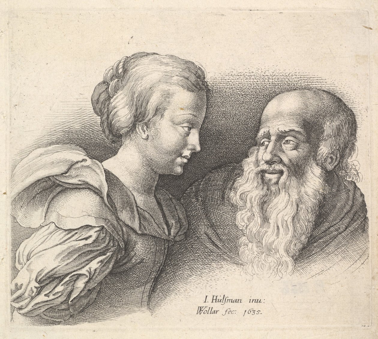 Um velho e uma menina, depois de Hulsman, 1635. de Wenceslaus Hollar