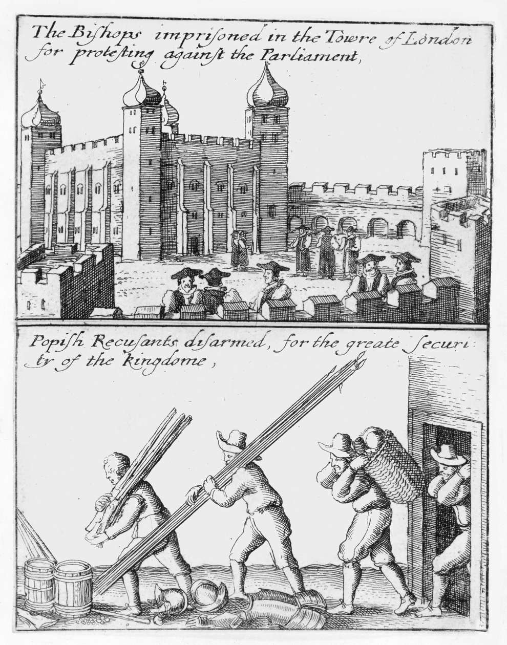 Bispos presos na Torre de Londres; Popish recusantes desarmados de Wenceslaus Hollar