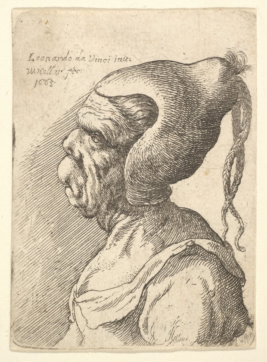 Busto de uma mulher deformada com chapéu cônico e duas tranças penduradas no perfil para a esquerda, 1665. de Wenceslaus Hollar