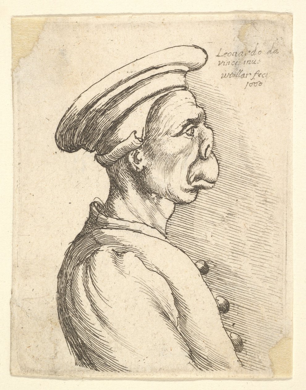 Busto de homem com nariz achatado e boca saliente, vestindo boné plano e casaco abotoado em ..., 1660. de Wenceslaus Hollar