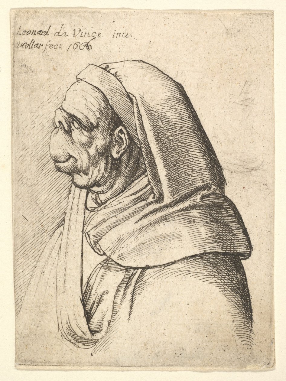 Busto de homem com nariz pequeno e virado para cima e lábio superior muito alto, com capuz, em perfil ..., 1666. de Wenceslaus Hollar