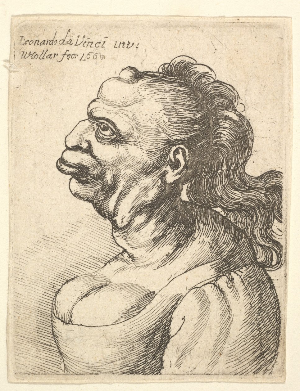 Busto de uma mulher usando vestido decotado, com lábios salientes, crescimento na testa, prom ..., 1660. de Wenceslaus Hollar