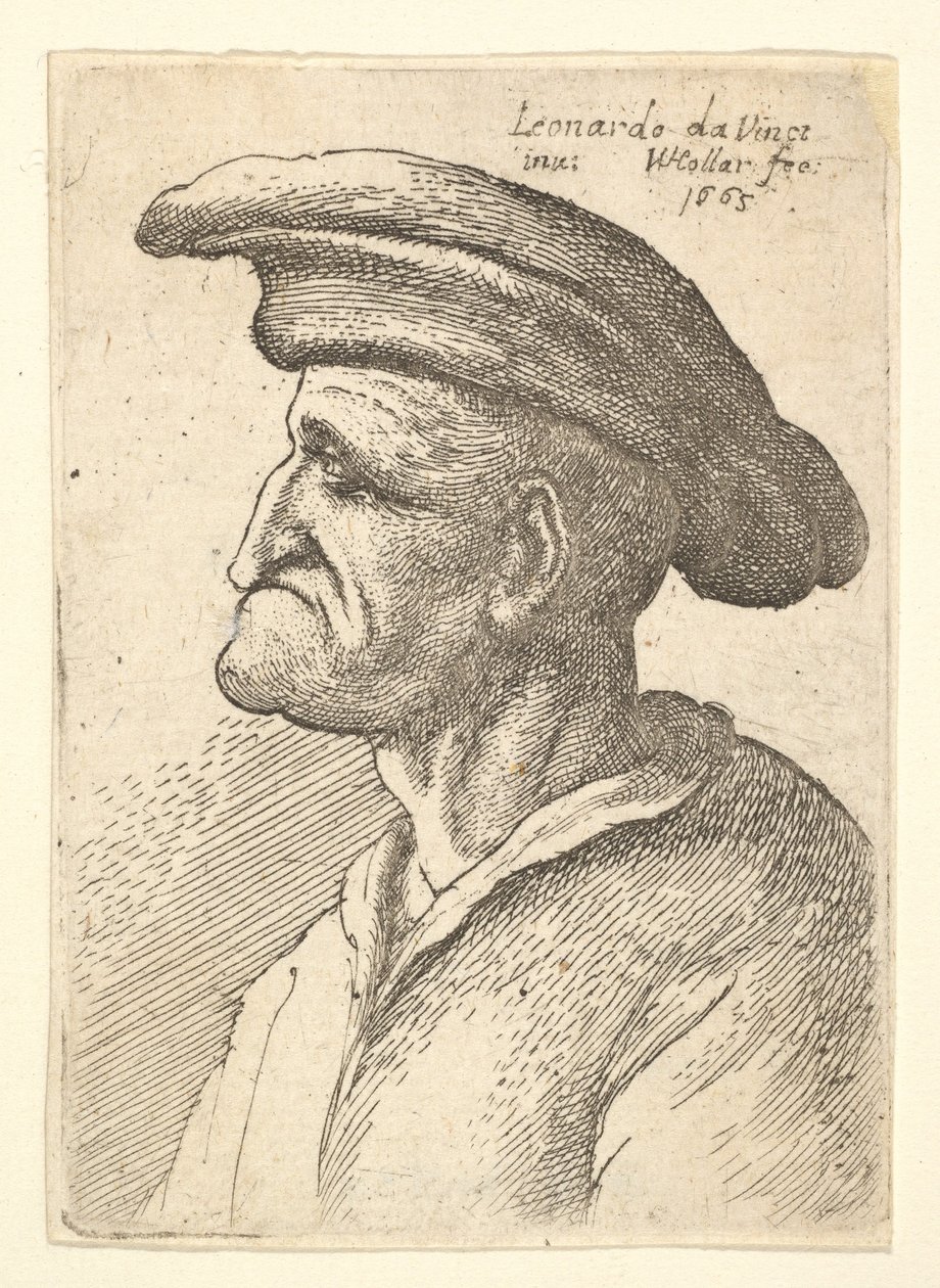Busto de homem idoso com nariz que se encontra com o lábio inferior, com gola larga e plana no perfil t ..., 1665. de Wenceslaus Hollar