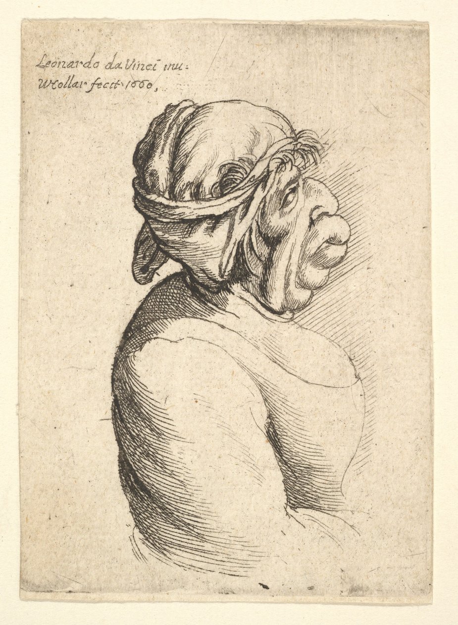 Busto de mulher com a boca saliente, usando vestido decotado e pano amarrado à cabeça ..., 1660. de Wenceslaus Hollar