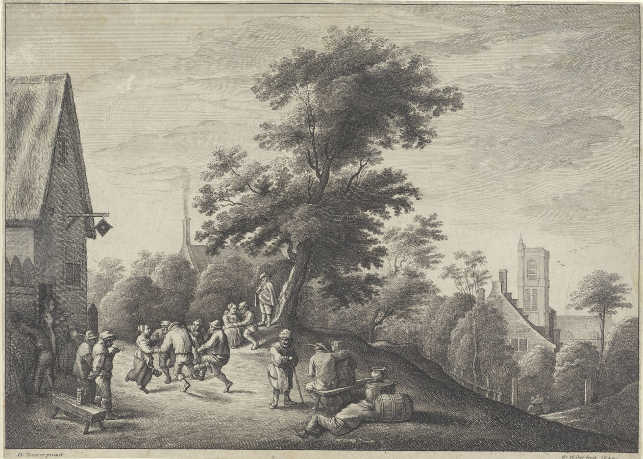 Camponeses dançando na frente de uma pousada de Wenceslaus Hollar
