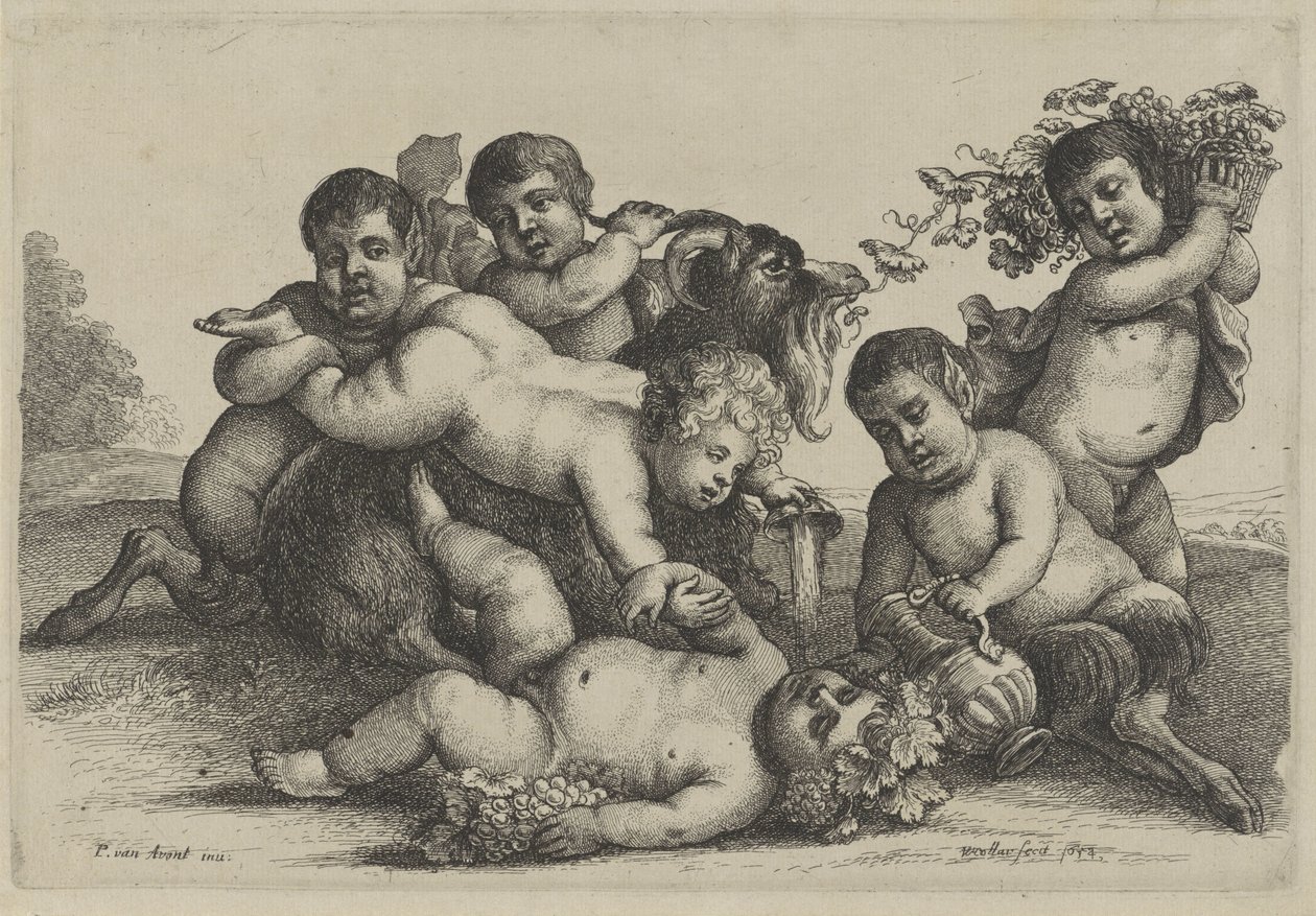 Três jovens rapazes, dois sátiros, um baccanto e um bode
Putti e satyrs (título da série) de Wenceslaus Hollar