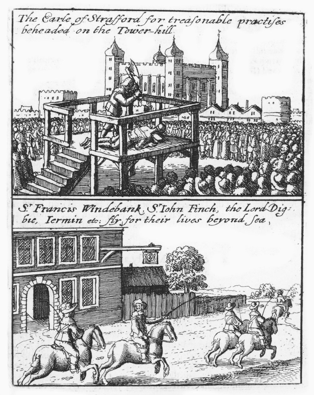 Conde de Stafford é decapitado em Tower Hill; Sir Francis Windebank, Sir John Finch e Lord Digby fogem da Inglaterra de Wenceslaus Hollar