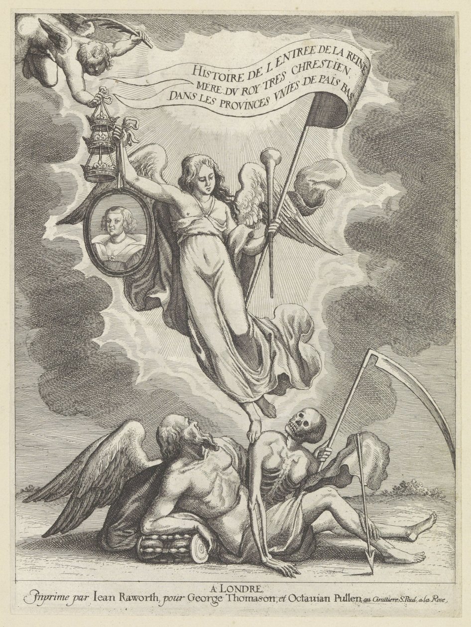 Faam overwint de tijd en de dood
História da entrada da Rainha Mãe do Rei Mais Cristão nas Províncias Unidas dos Países Baixos (título da série sobre o objecto) de Wenceslaus Hollar