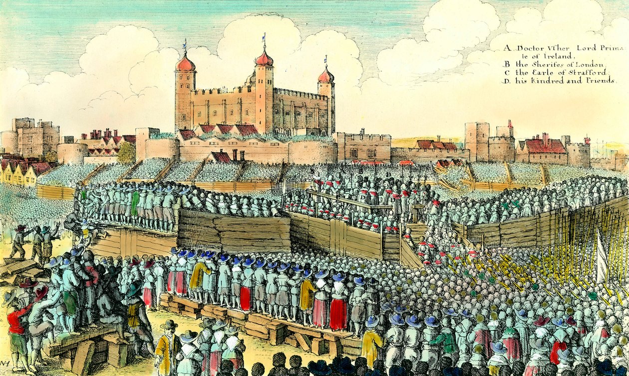 Primeira Revolução Inglesa (1641-1649): execução do político inglês Thomas Wentworth de Strafford (1593-1641) em 12/05/1641 na Tower Hill em Londres. Gravura de Wenceslaus Hollar (1607-1677) Coleção Privada do século XVII de Wenceslaus Hollar