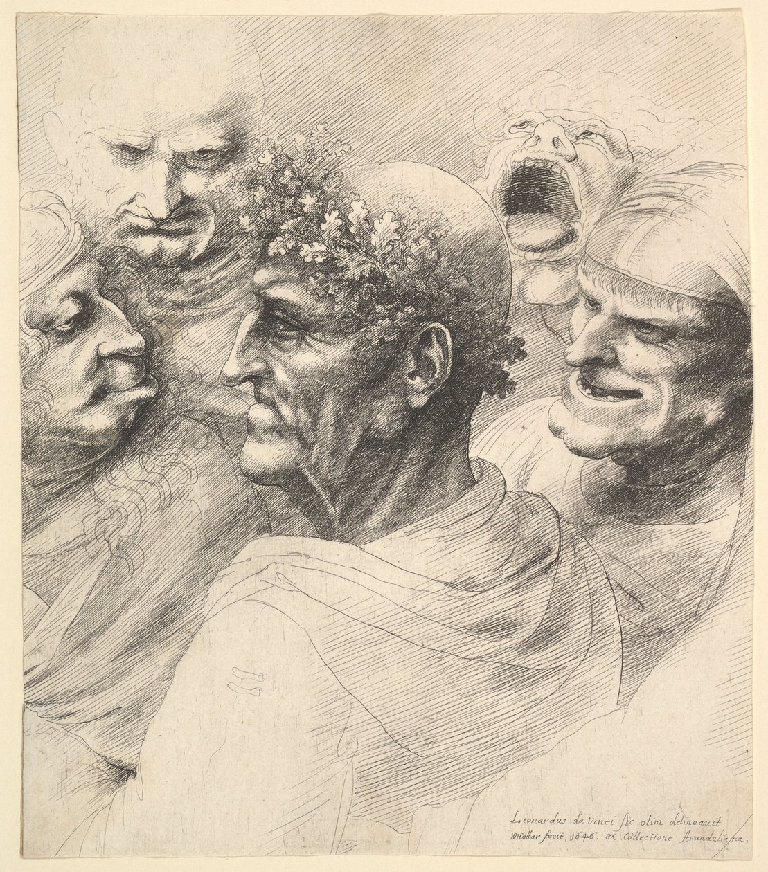 Cinco cabeças grotescas, incluindo um homem idoso com uma coroa de folhas de carvalho, 1646. de Wenceslaus Hollar