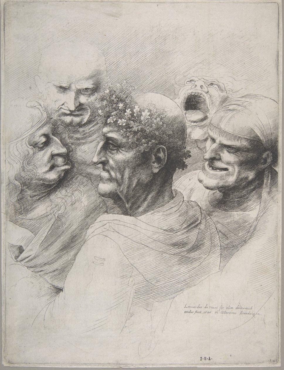 Cinco cabeças grotescas, incluindo um homem idoso com uma coroa de folhas de carvalho, 1646., 1646. de Wenceslaus Hollar