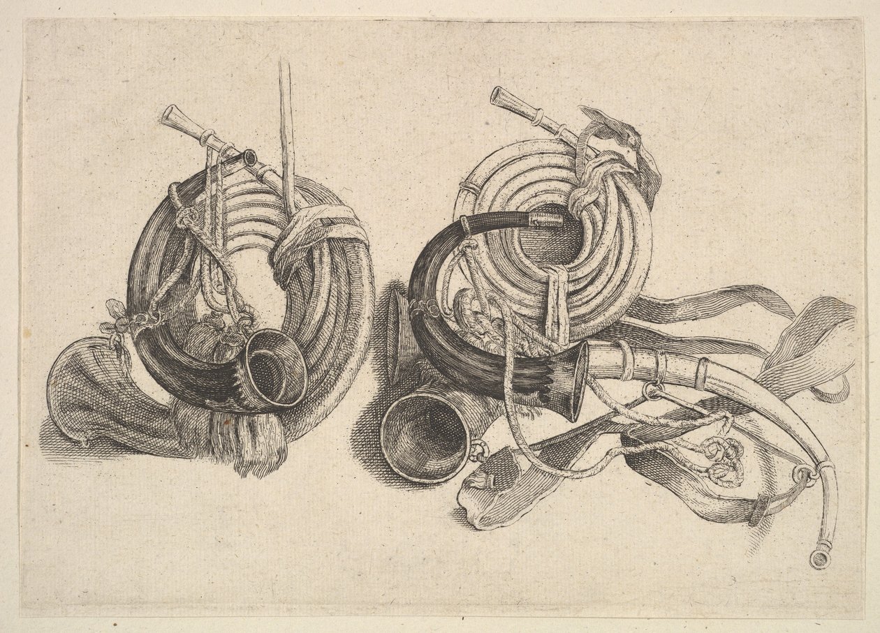 Cinco chifres de caça, 1625-77. de Wenceslaus Hollar