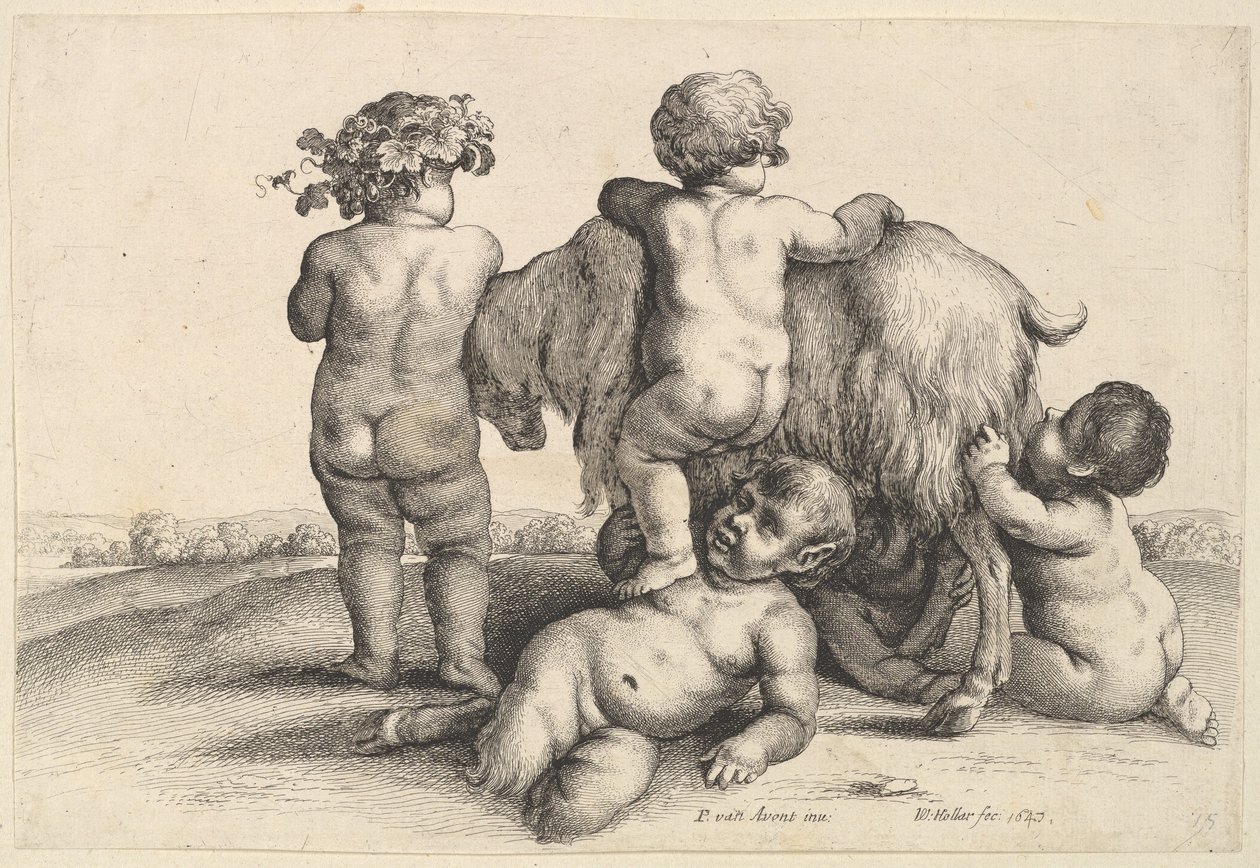 Quatro meninos, um jovem sátiro e uma cabra, 1647. de Wenceslaus Hollar