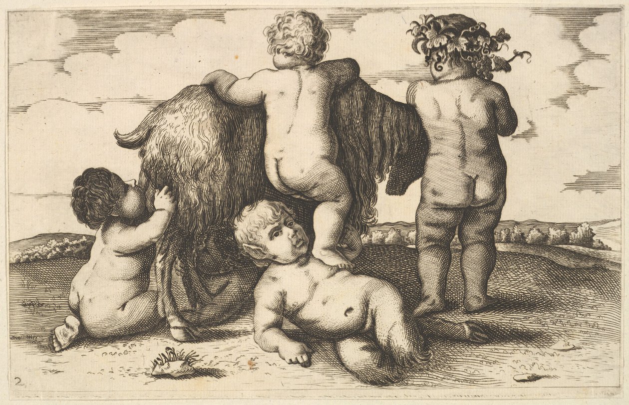 Quatro meninos, um jovem sátiro e uma cópia de cabra, do século XVII. de Wenceslaus Hollar