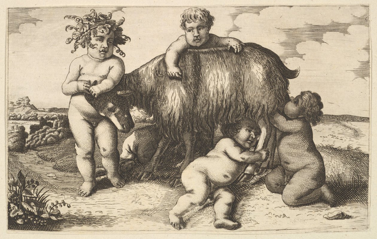 Quatro meninos, um jovem sátiro e uma cópia de cabra no reverso, século XVII. de Wenceslaus Hollar