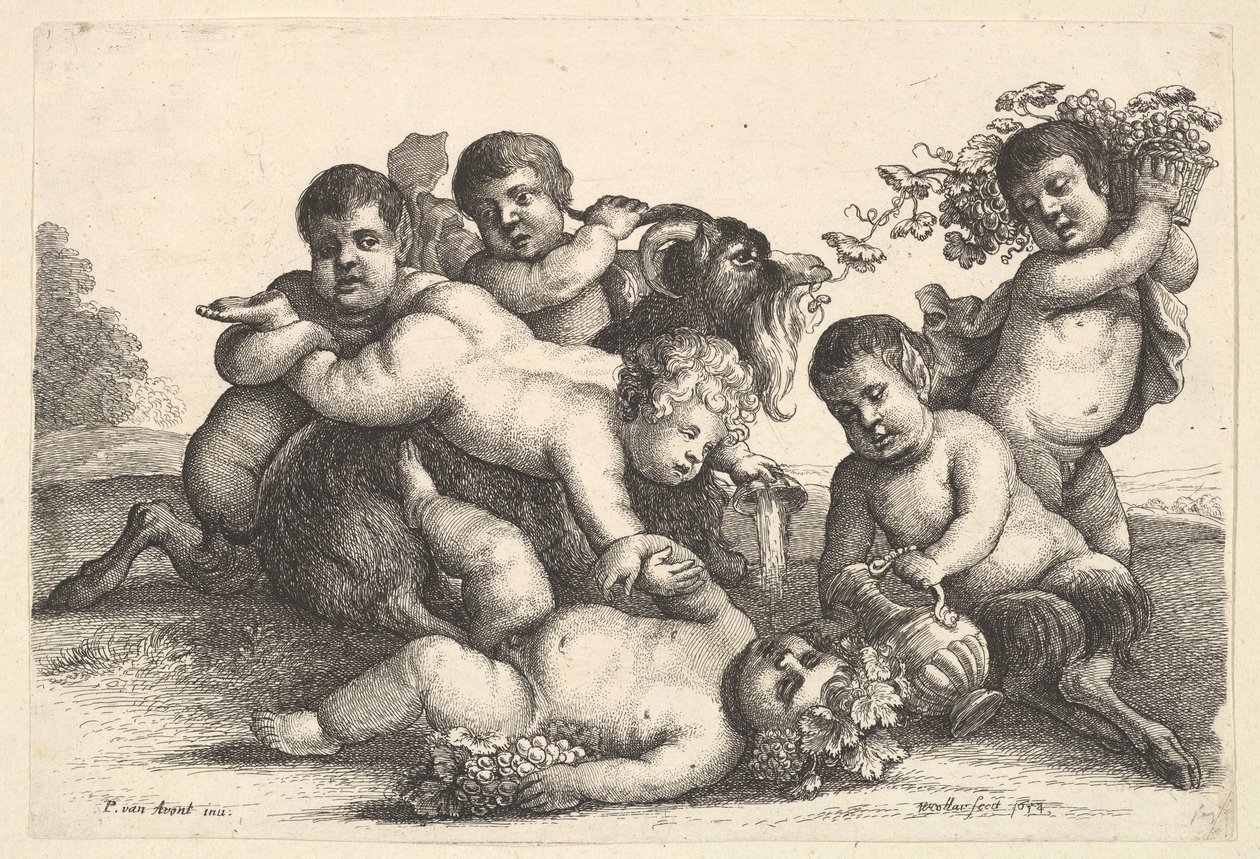Quatro meninos, dois sátiros e uma cabra, 1654. de Wenceslaus Hollar