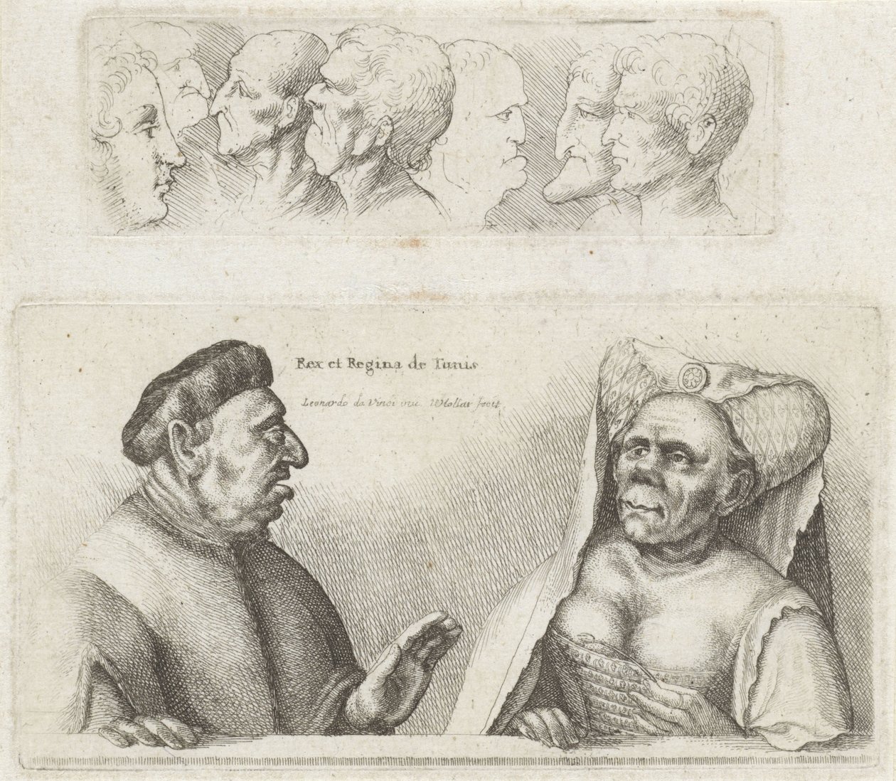 Friso com cabeças de estudo / Caricaturas do rei e da rainha da Tunísia
Rex et Regina de Tunis (título sobre o objecto)
Variie figurae et probae (título da série)
Caricaturas, cabeças e deformidades após Leonardo da Vinci (título da série) de Wenceslaus Hollar