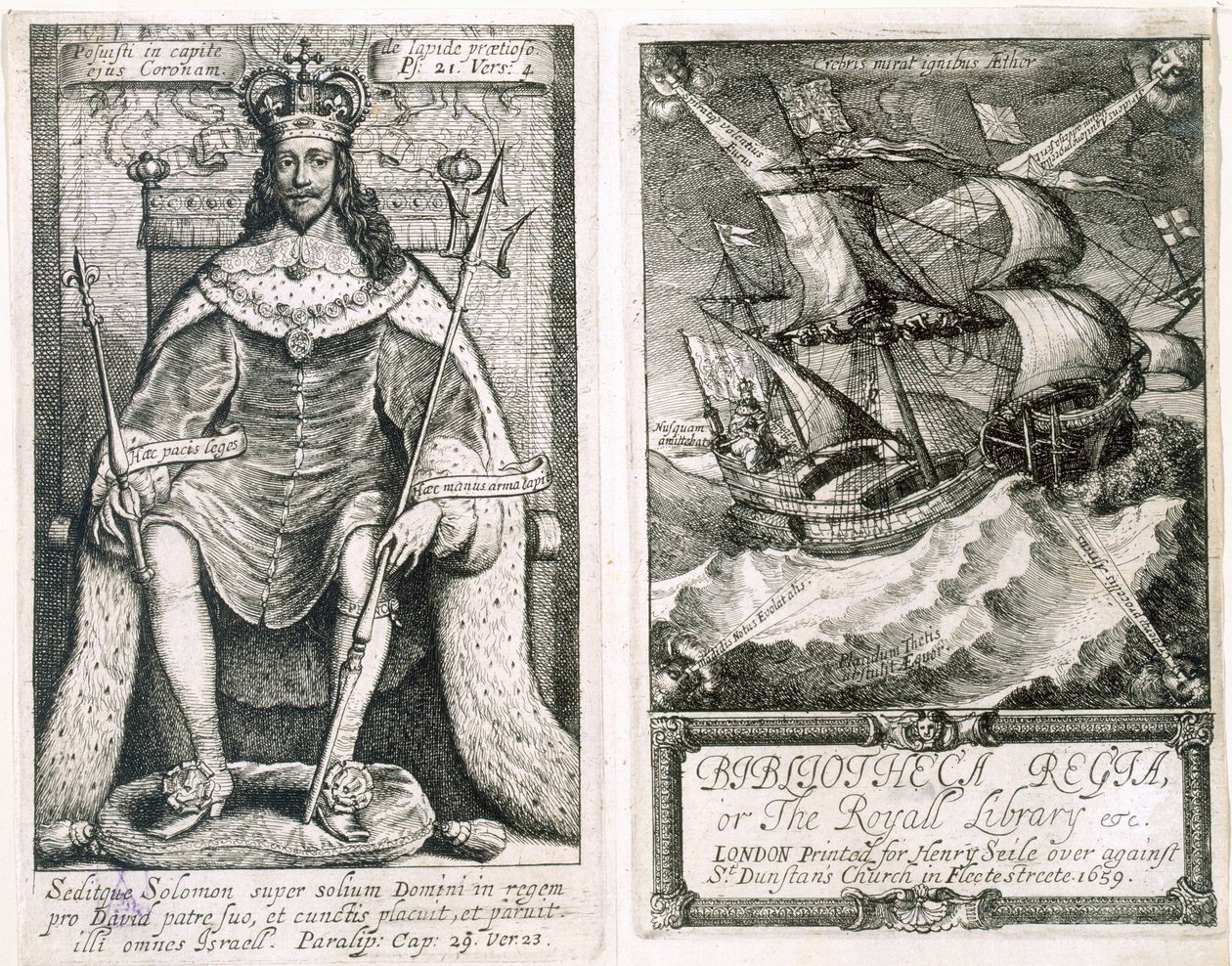 Frontispício e página de rosto para &39;Bibliotheca Regia, ou The Royal Library&39;, 1659 (gravura e gravura) de Wenceslaus Hollar