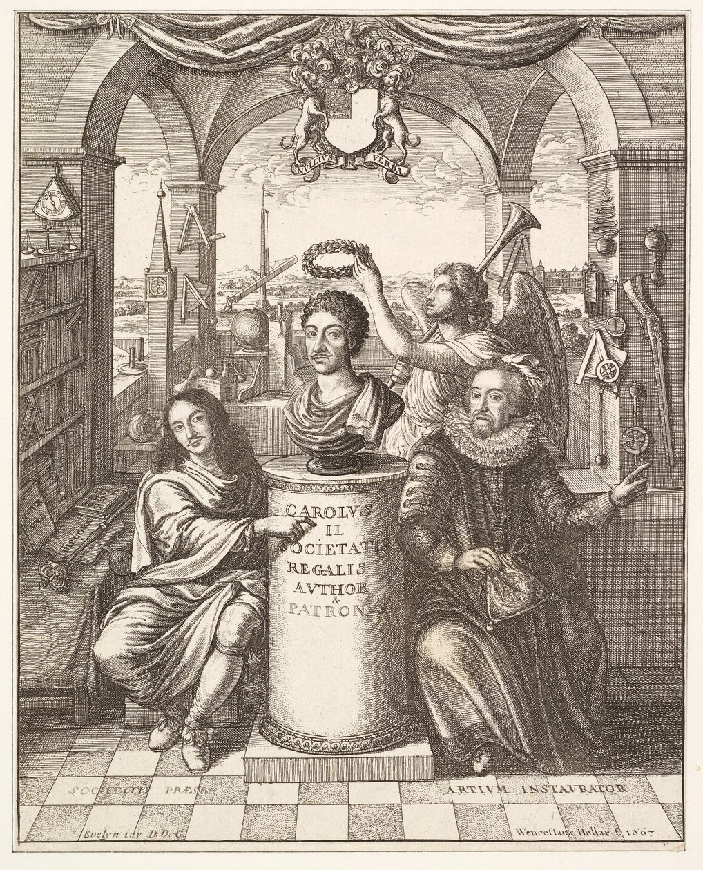 Frontispício da história da Royal Society of London por Thomas Spratt, pub. 1702 de Wenceslaus Hollar