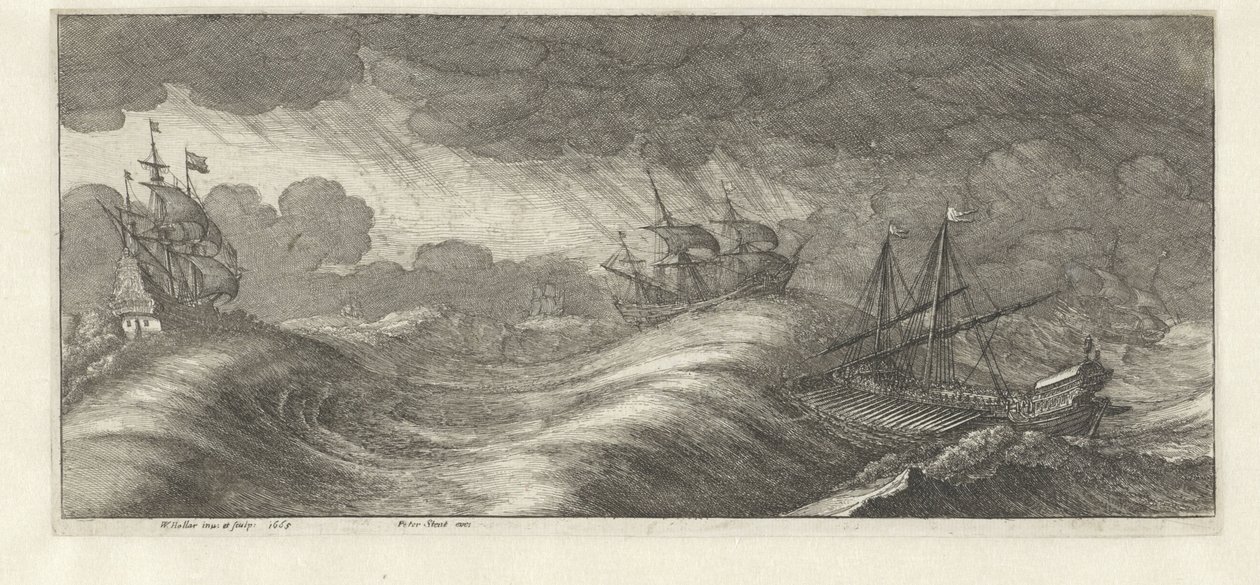 Galera e outros navios em uma tempestade no mar Tempestades marinhas (título da série) de Wenceslaus Hollar