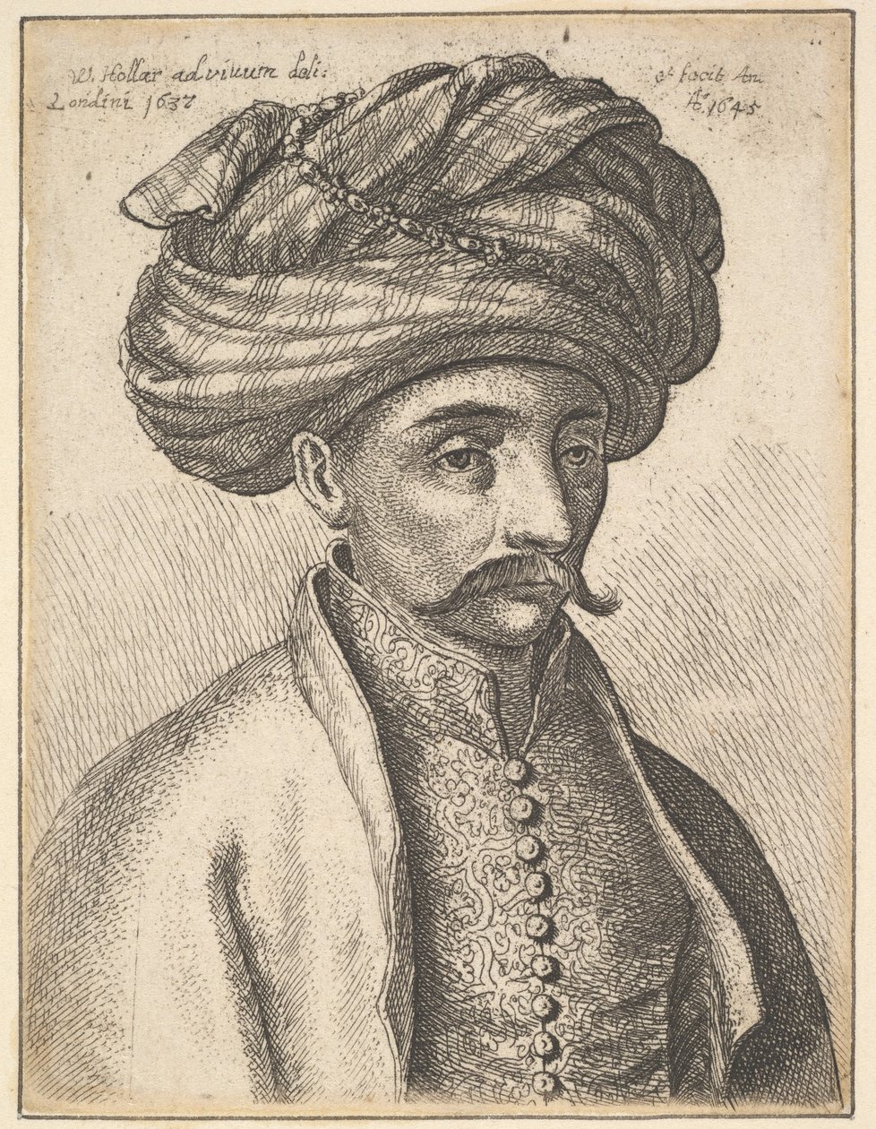 Cabeça e ombros de um homem turco, com bigode e um grande turbante de Wenceslaus Hollar