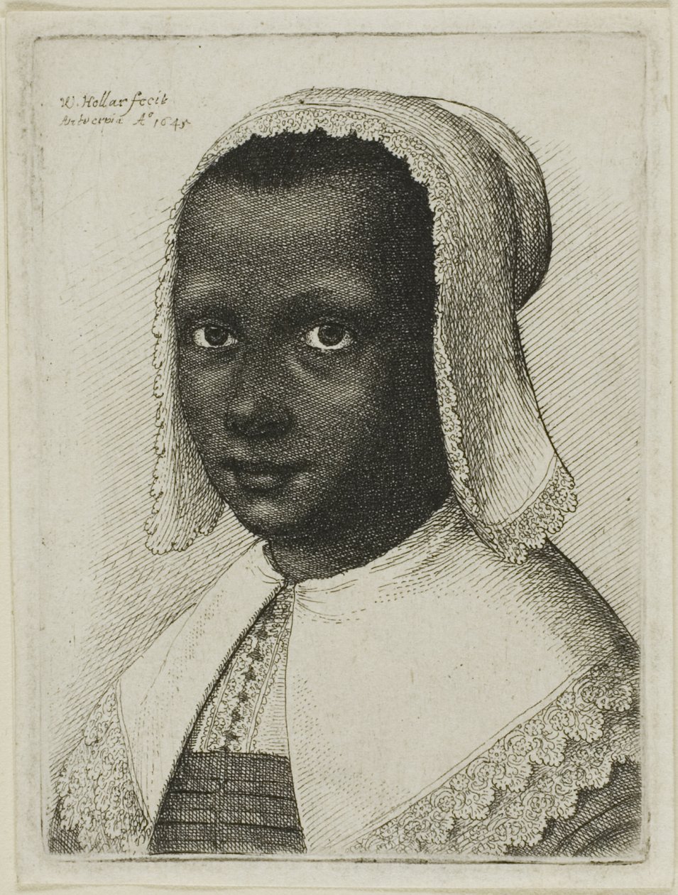 Cabeça de uma mulher negra com um chapéu de lenço de renda de Wenceslaus Hollar