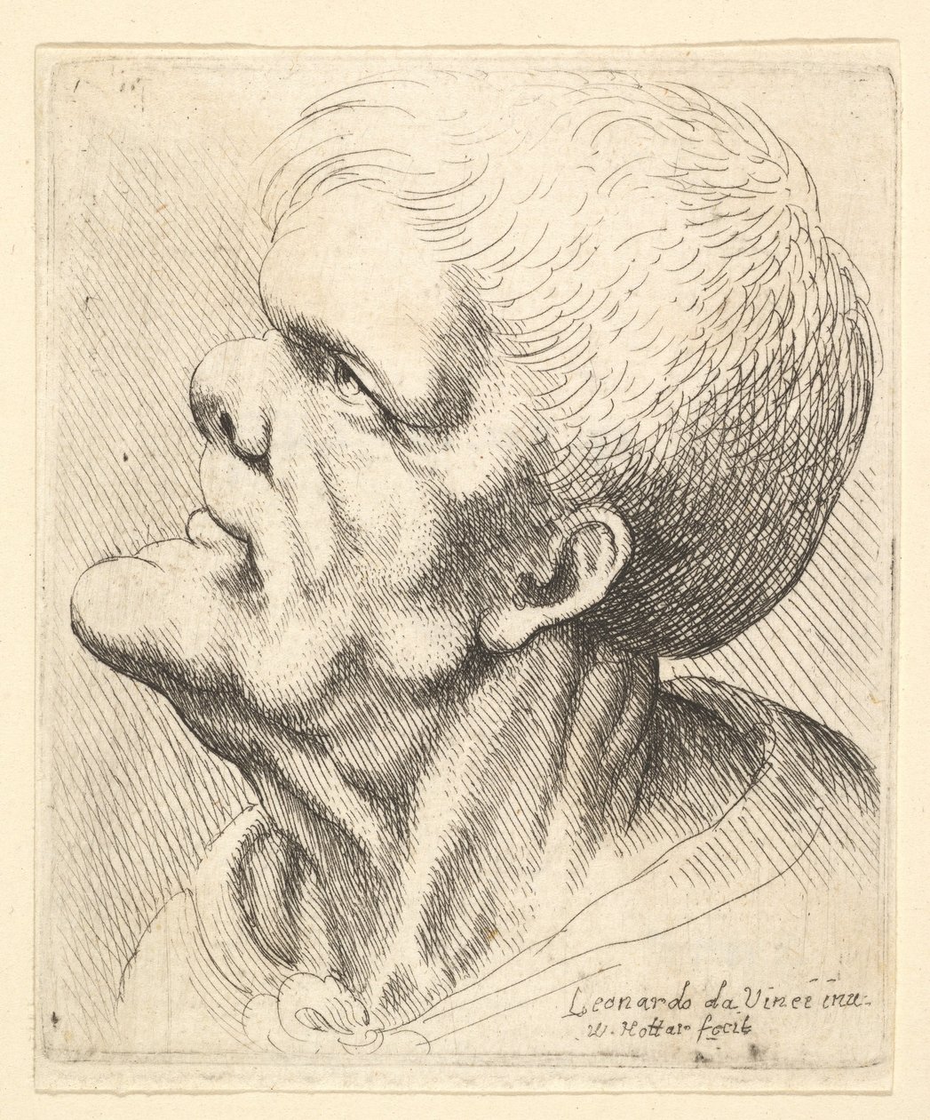 Cabeça de um homem com queixo saliente e nariz arrebitado, olhando para cima, de perfil para a esquerda, 1625-77. de Wenceslaus Hollar
