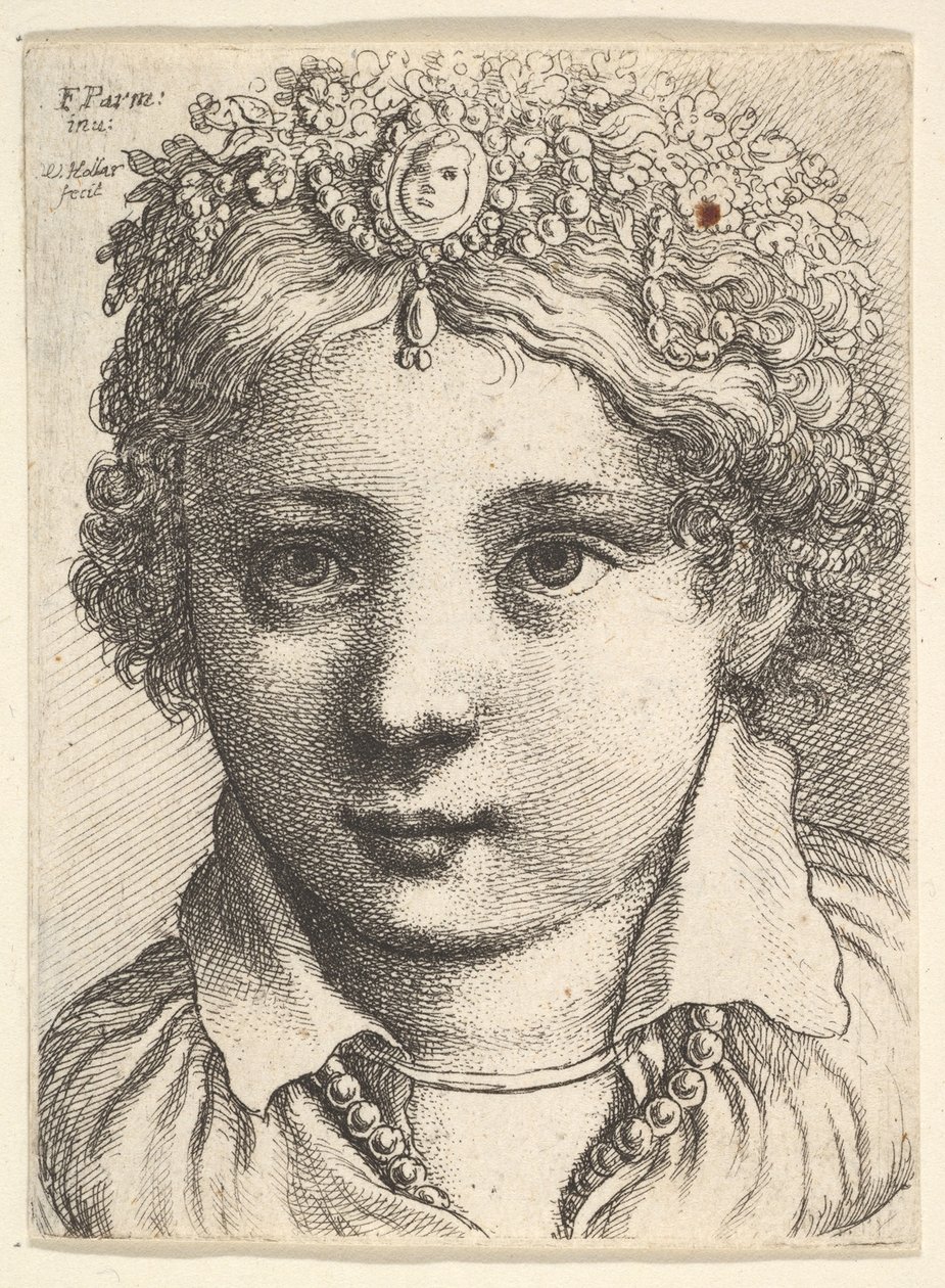 Cabeça de uma jovem garota vestindo uma touca de jóias, ca. 1645 de Wenceslaus Hollar