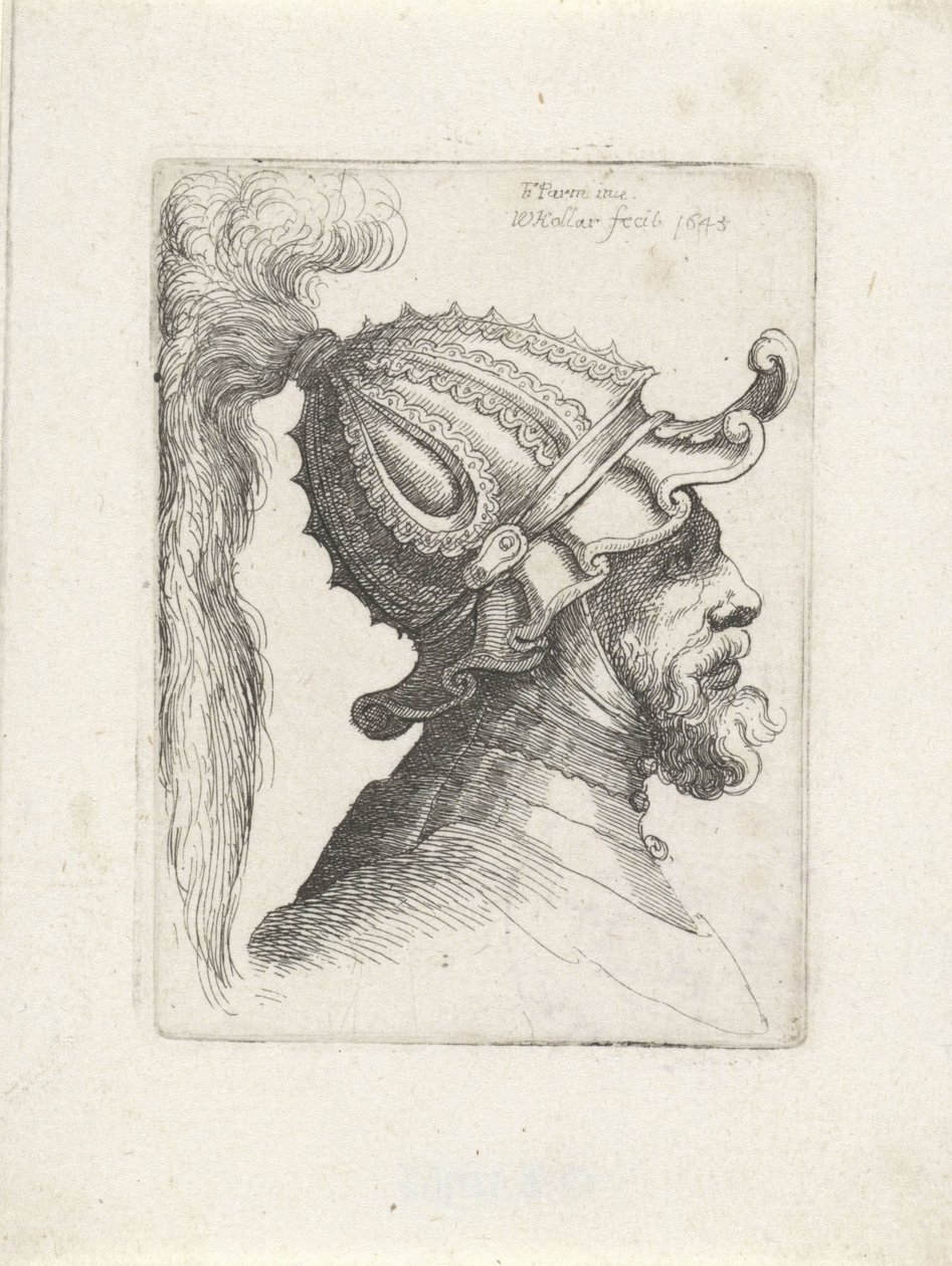 Cabeça de um homem com capacete emplumado Cabeças com capacetes para Parmigianino (título da série) de Wenceslaus Hollar