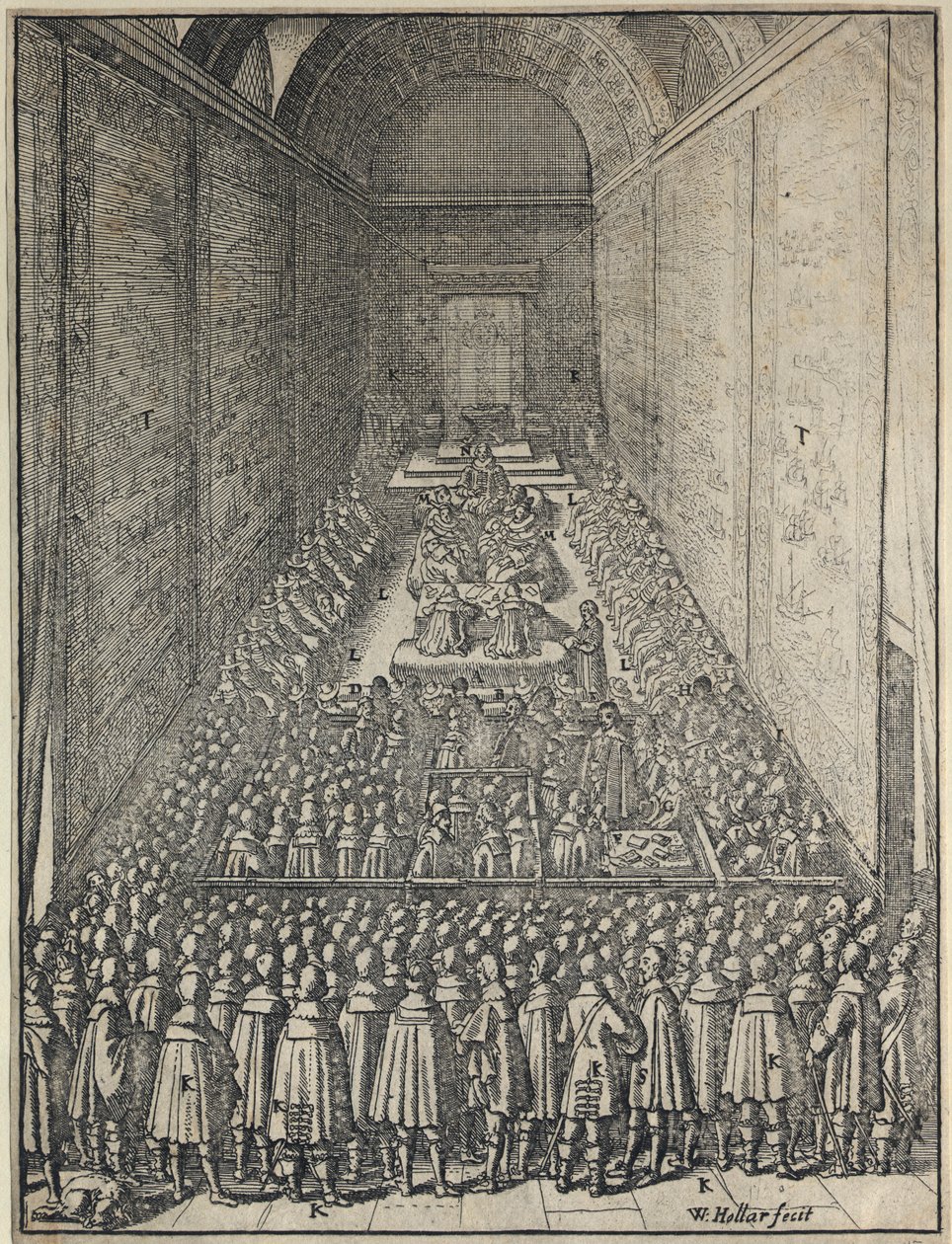 Interior da Câmara dos Lordes em sessão, Palácio de Westminster, Londres, c1650 de Wenceslaus Hollar