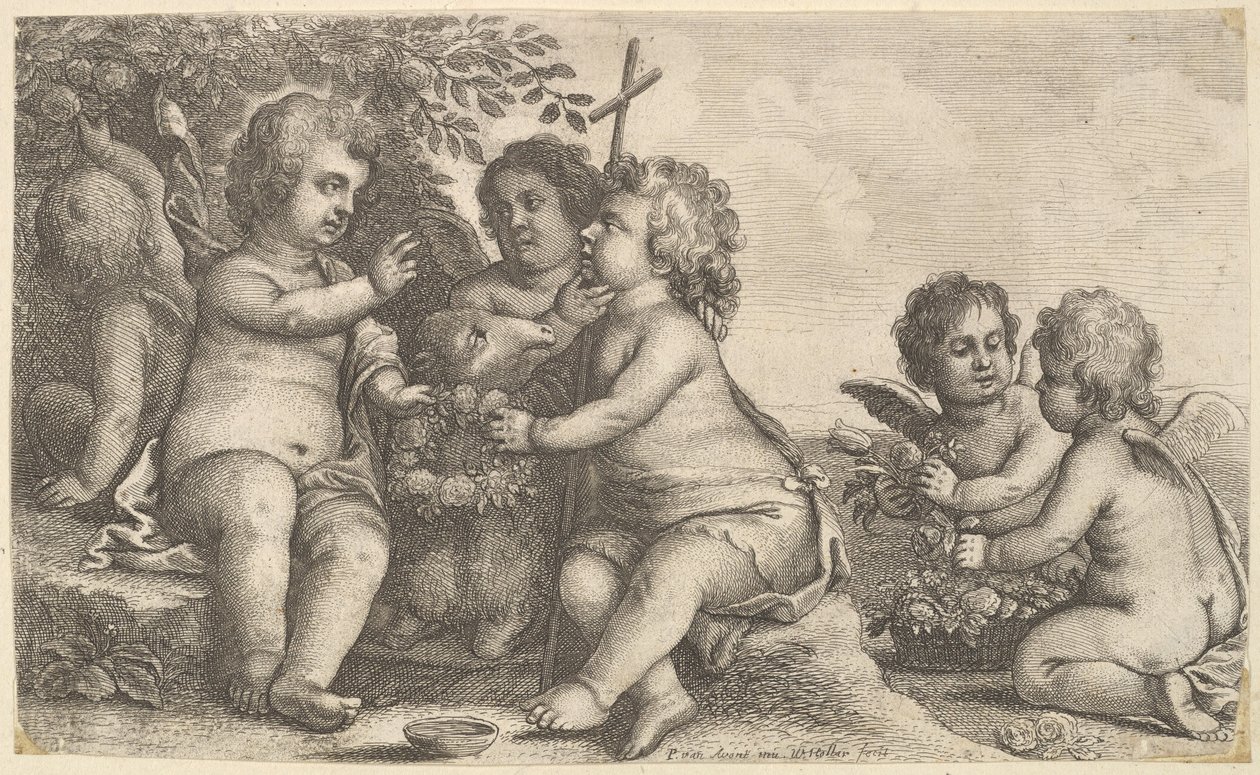 Jesus, São João Batista e quatro querubins, 1625-77. de Wenceslaus Hollar