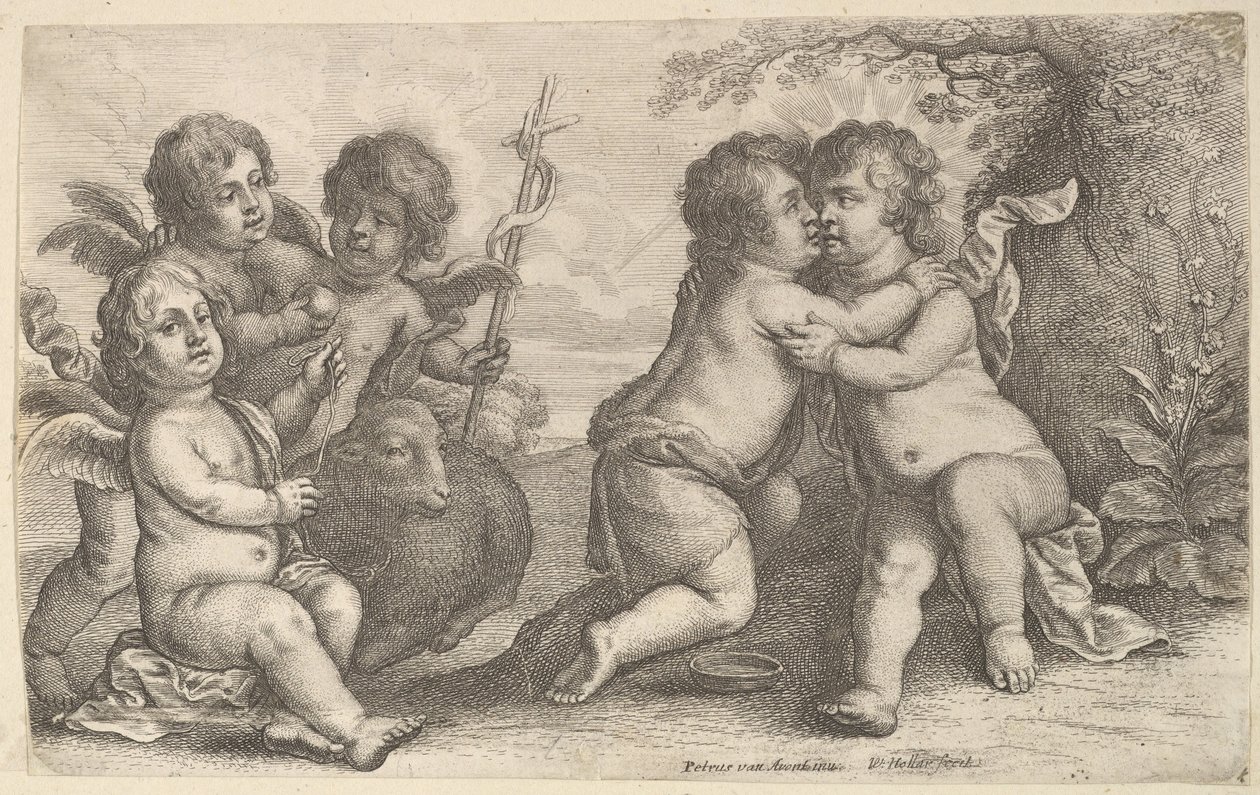 Jesus e São João abraçando, com Querubins, 1646. de Wenceslaus Hollar