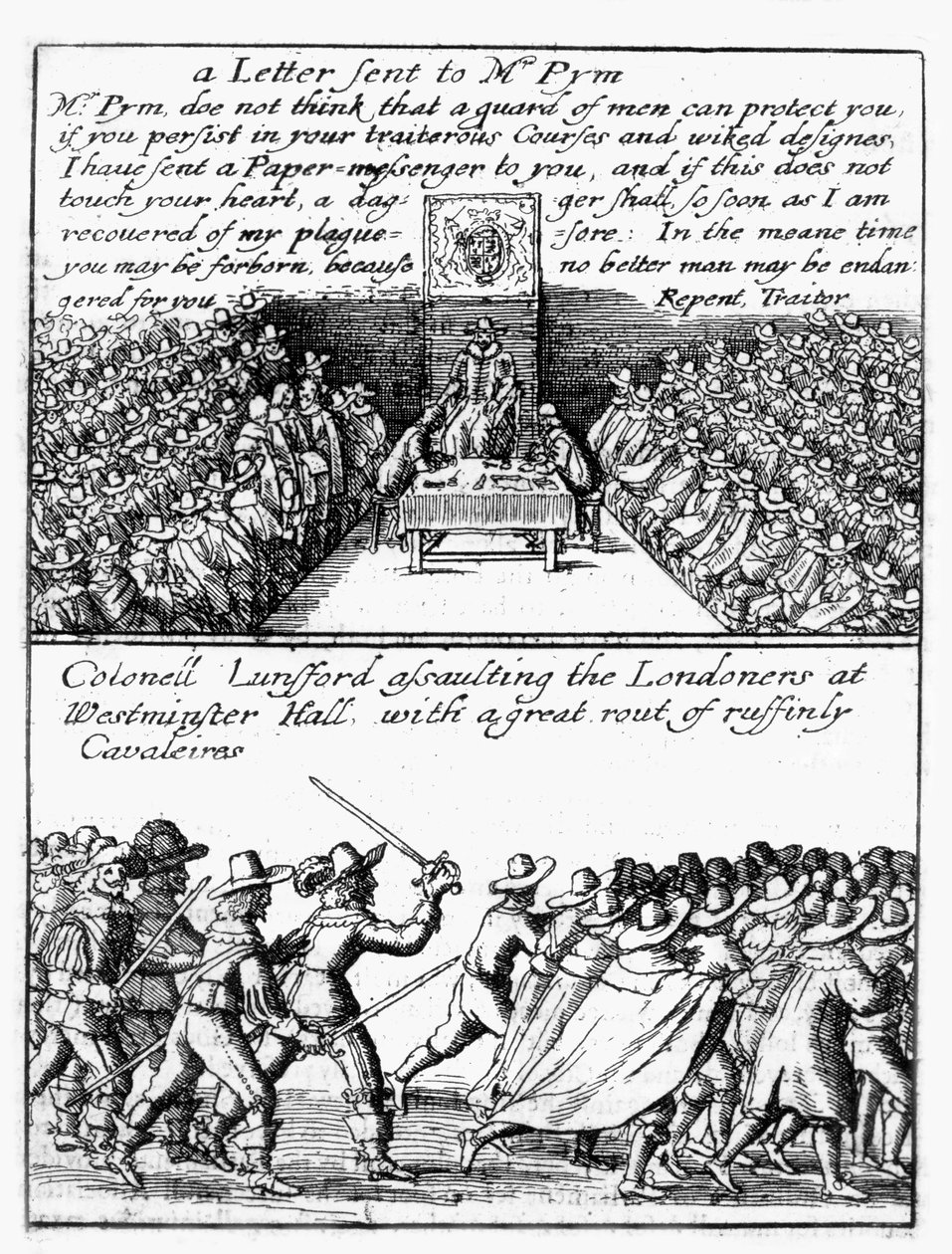 John Pym lendo uma carta na Câmara dos Comuns; o Coronel Thomas Lunsford e seus soldados atacando os londrinos de Wenceslaus Hollar