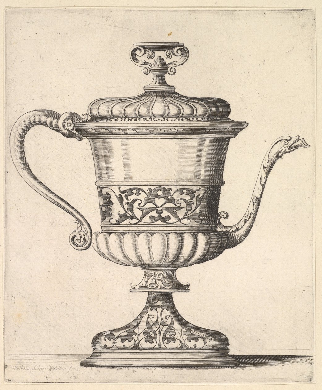 Jarro com tampa, gravado com padrão de arabesco, o bico estreito para a direita terminando em serpente ..., 1625-77. de Wenceslaus Hollar