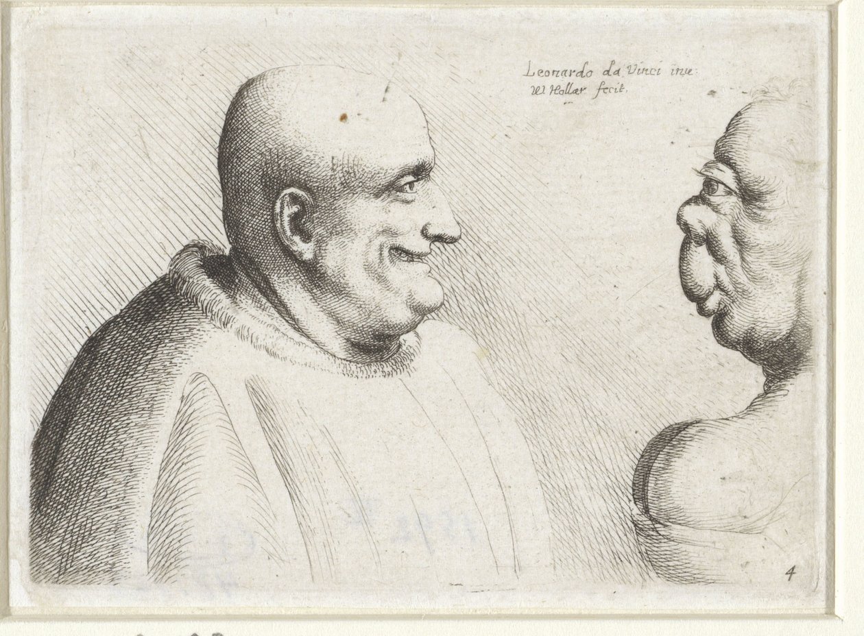 Cabeças de um grande homem careca e de uma mulher grotesca
Variie figurae et probae (título da série)
Caricaturas, cabeças e deformidades após Leonardo da Vinci (título da série) de Wenceslaus Hollar
