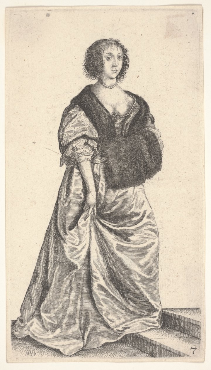 Senhora com regalo de pêlo em pé em dois degraus de Wenceslaus Hollar